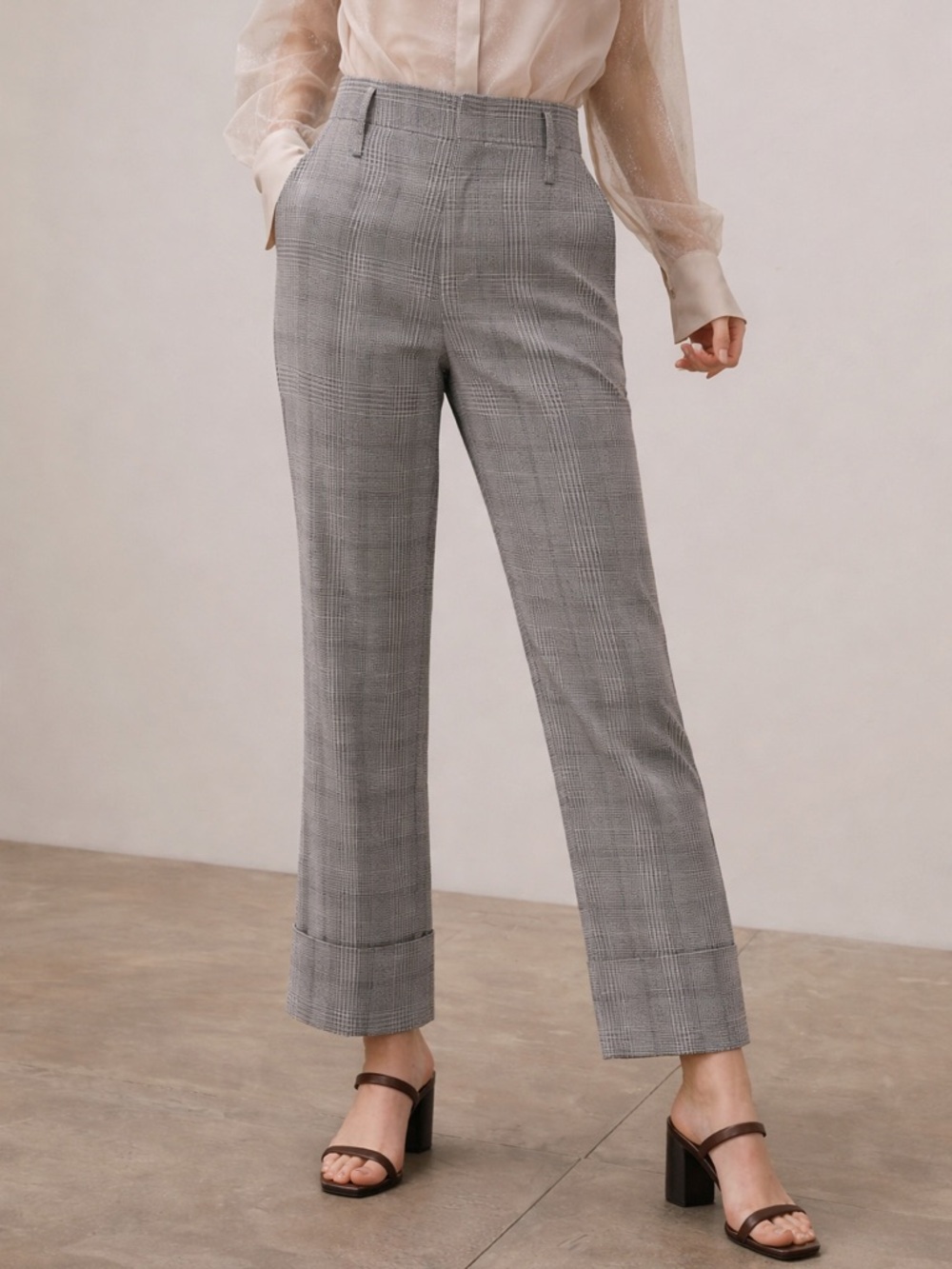 Designer Style Houndstooth Pants Wool Blend Tailored Trousers